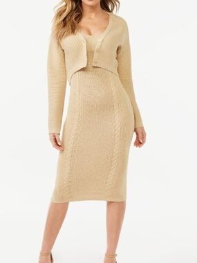 Beige Cable-Knit V-Neck Sweater Dress with Matching Cardigan